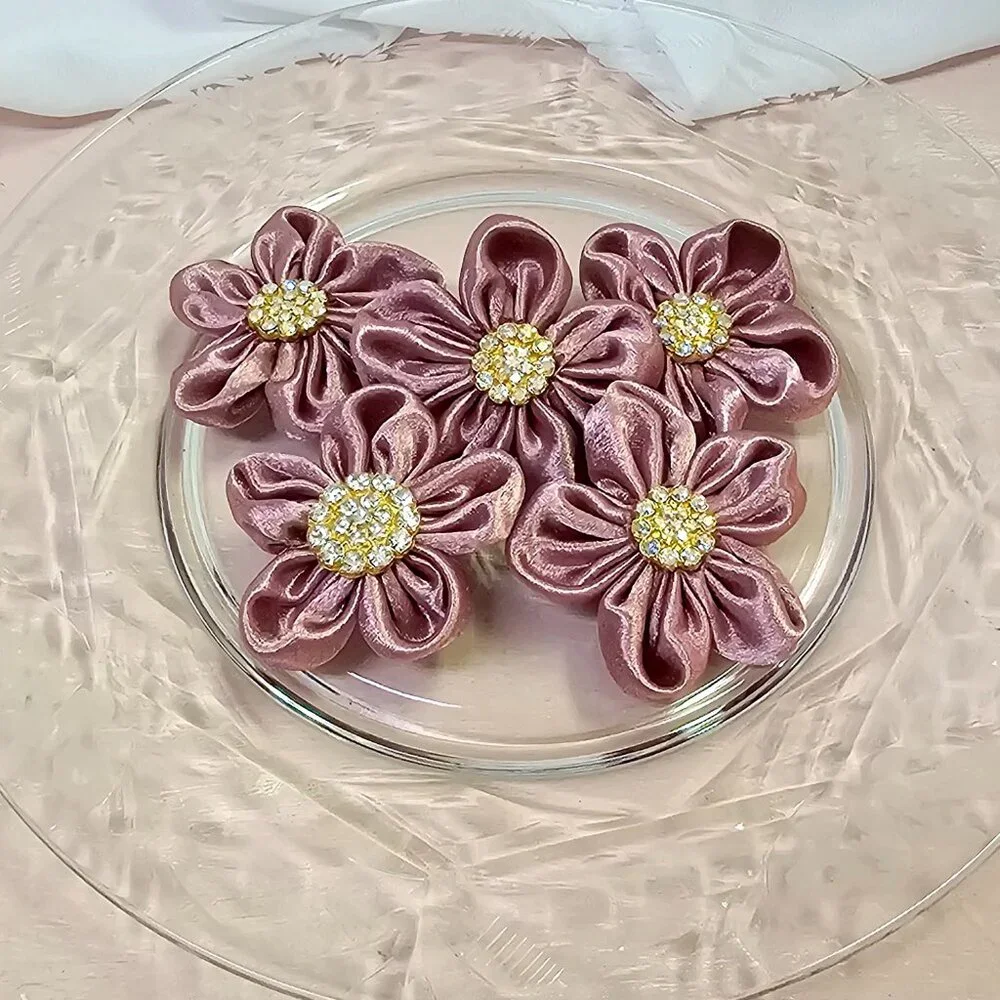 5pc Satin Sparkle Fabric Flower Set with Rhinestone Centers, Dusty Rose